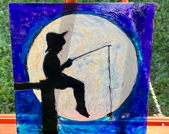 Boy Fishing Big Moon Hand Painted on Plexiglass Suncatcher 8x8”