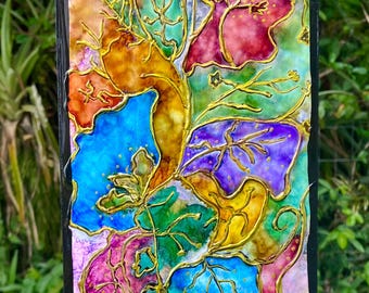 Tropical Flowers Painting Alcohol Inks in Yupo Mounted on Wood