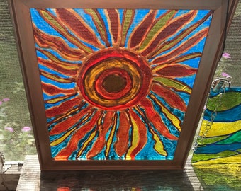 Let the sun shine! Hand painted on glass 11x9.5” Pabeo vitral glass paint with chain