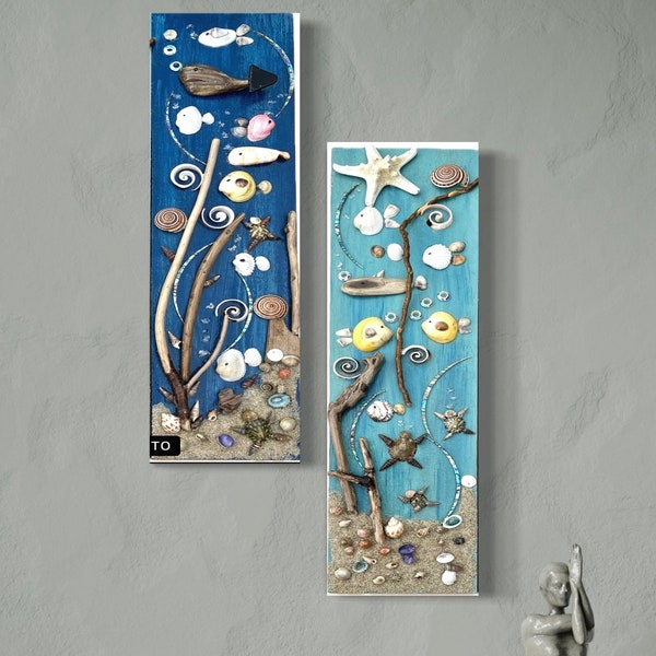 Swimming fish Set of Two Seashells Driftwood Wall Collages