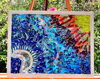 Sun and Moon Stained Glass Abstract Art on Plexiglass Framed 17x13