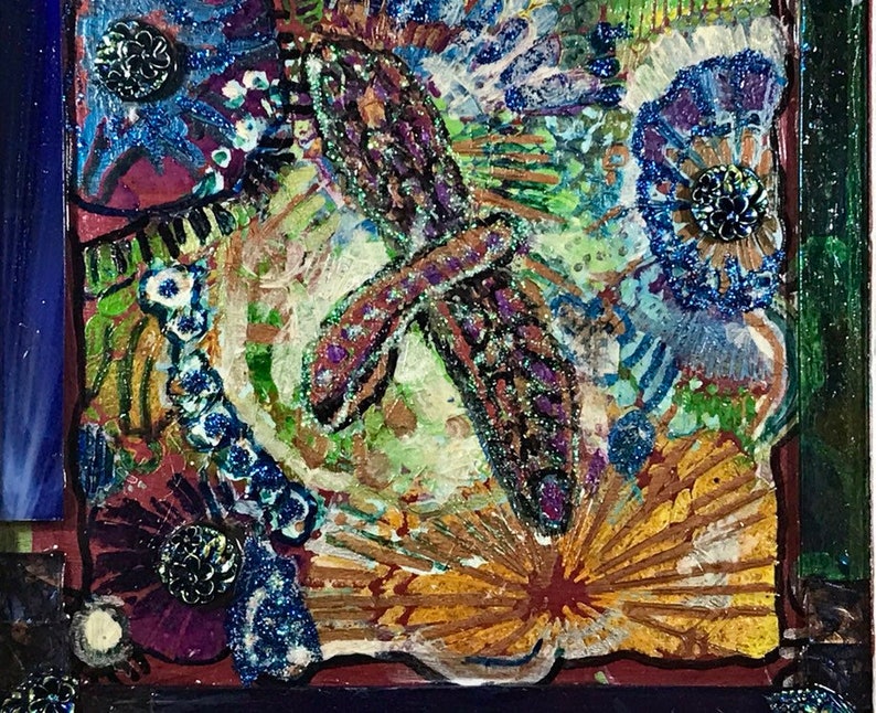Dragonfly Mixed Media Abstract Collage acrylic Painted Bright cilirs!
