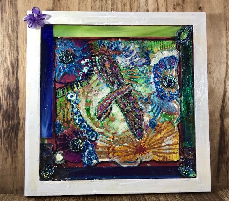 Dragonfly Mixed Media Abstract Collage acrylic Painted Bright cilirs!