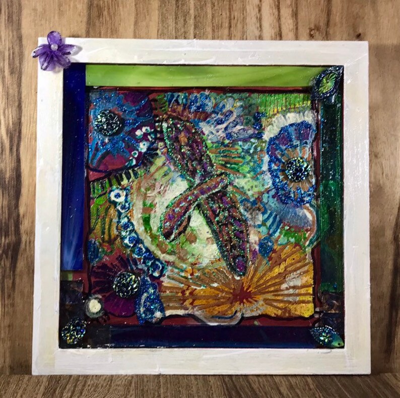 Dragonfly Mixed Media Abstract Collage acrylic Painted Bright cilirs!