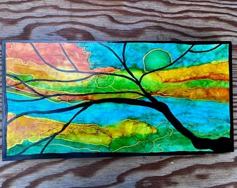 Getijden door de takken | Alcoholinkt op Yupo | 12 x 6 origineel abstract landschap | Gemonteerd op houder