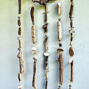 Driftwood Faces Windchimes Mobile Wall Art Curly Hazelnut Branch Seashells Natural Decor