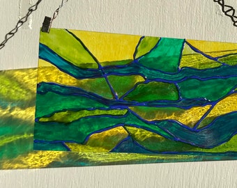 Stained glass look hand painted Suncatcher with hanger 12x6” on Clear plexiglass