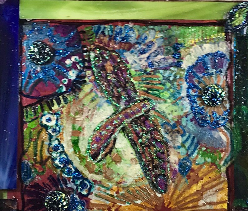 Dragonfly Mixed Media Abstract Collage acrylic Painted Bright cilirs!