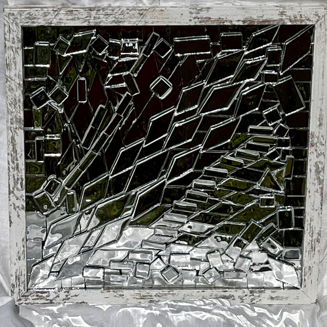 Broken Mirror Mosaic on Glass Abstract Artwork Sealed With Epoxy Resin