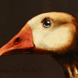May include: A detailed painting of a goose's head in profile against a dark background. The goose has a white face, a reddish-orange beak, and a blue eye. The artist's signature is visible in the lower part of the image.