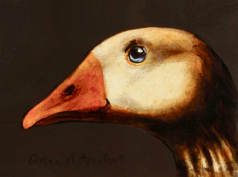 May include: A detailed painting of a goose's head in profile against a dark background. The goose has a white face, a reddish-orange beak, and a blue eye. The artist's signature is visible in the lower part of the image.