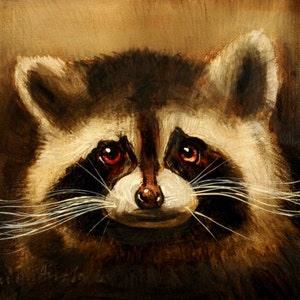 May include: A close-up painting of a raccoon's face. The raccoon has dark brown fur, a white muzzle, and black eyes with red pupils. The raccoon's whiskers are long and white.