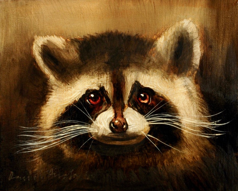 May include: A close-up painting of a raccoon's face. The raccoon has dark brown fur, a white muzzle, and black eyes with red pupils. The raccoon's whiskers are long and white.