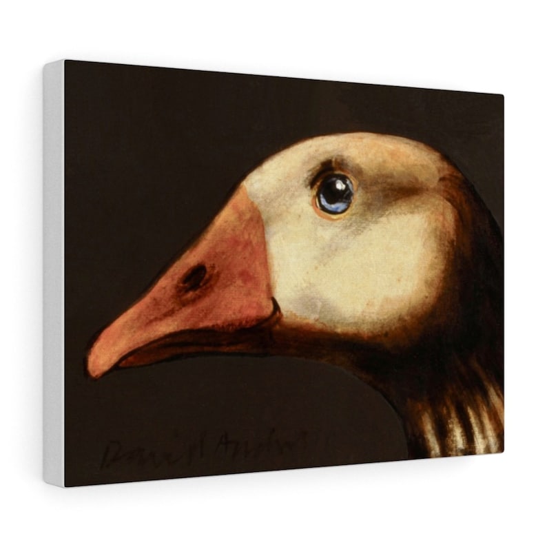 May include: A canvas print featuring a detailed painting of a goose's head in profile. The goose has a cream-colored head, a pink beak, and a dark brown neck. The background is a dark brown color. The artist's signature is in the bottom left corner.