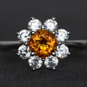 citrine ring silver engagement rings flower anniversary gift daisy ring November birthstone ring