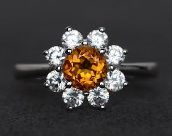 citrine ring silver engagement rings flower anniversary gift daisy ring November birthstone ring