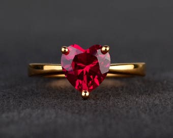 unique vintage solitaire ruby wedding ring heart cut red gemstone July birthstone sterling silver plated yellow gold