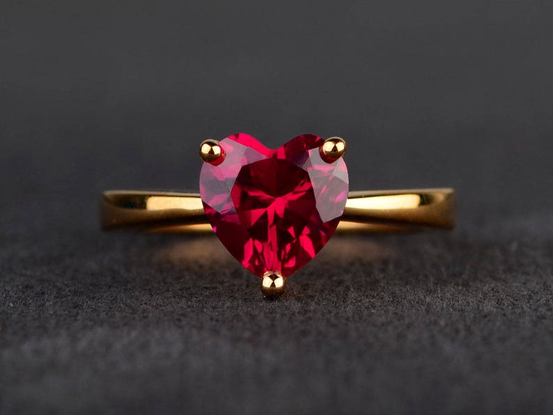 unique vintage solitaire ruby wedding ring heart cut red gemstone July birthstone sterling silver plated yellow gold 