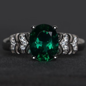 emerald ring engagement ring oval cut green gemstone May birthstone sterling silver ring