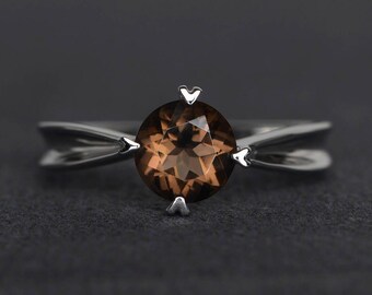 natural smoky quartz ring solitaire ring engagement rings sterling silver ring round cut gemstone
