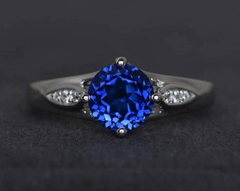 sapphire engagement ring blue sapphire ring gemstone ring sterling silver wedding ring round cut September birthstone ring