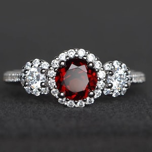 real natural garnet ring promise ring round cut red gemstone January birthstone sterling silver ring