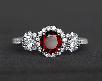 real natural garnet ring promise ring round cut red gemstone January birthstone sterling silver ring