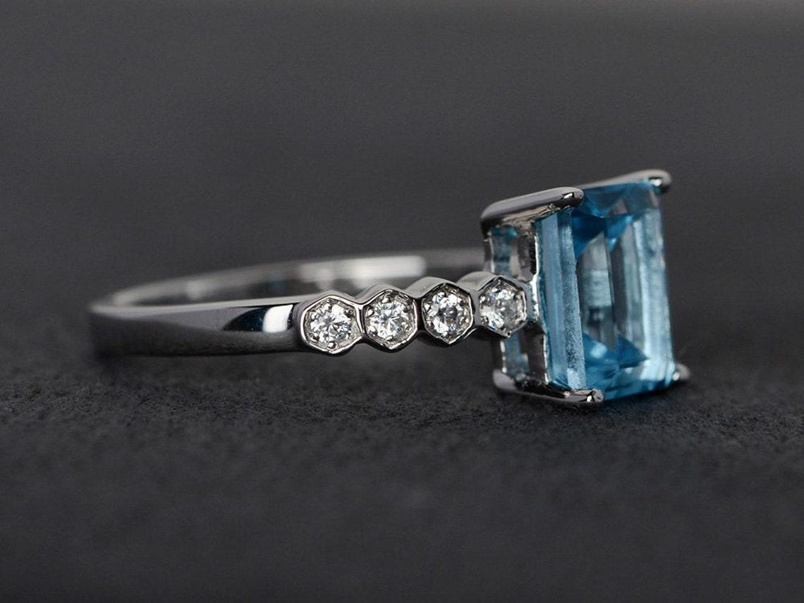 Swiss Blue Topaz Ring Emerald Cut Silver Blue Gemstone Ring Engagement ...