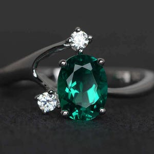 oval emerald ring sterling silver emerald engagement ring promise ring green gemstone ring May birthstone three stone ring