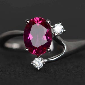 oval ruby ring sterling silver ruby engagement ring promise ring gemstone ring July birthstone ring three stone ring