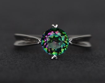 mystic topaz ring rainbow topaz ring silver round cut gemstone ring solitaire ring