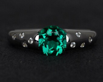 emerald ring round cut emerald engagement ring silver gemstone rings May birthstone rings bezel setting
