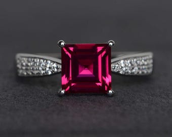 ruby ring silver square cut ruby engagement ring sterling silver ring July birthstone ring