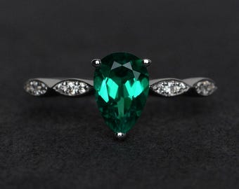 emerald ring pear cut green emerald engagement rings silver May birthstone ring