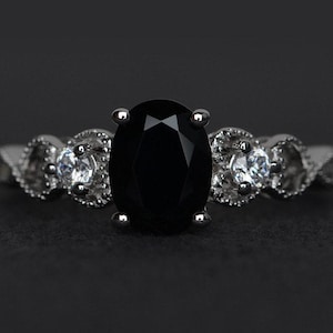 natural black spinel ring oval cut black rings natural gemstone rings silver party ring promise ring