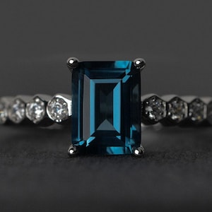 London blue topaz ring engagement ring blue gemstone ring emerald cut silver