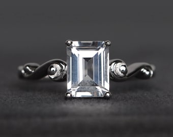 natural white topaz ring engagement ring sterling silver ring emerald cut gems solitaire ring