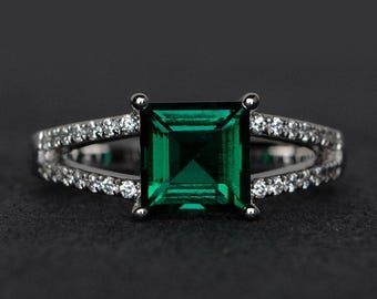 square cut emerald ring green engagement ring green gemstone rings split band ring May birthstone