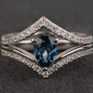 London blue topaz rings wedding engagement ring set women pear cut blue topaz ring set gemstone rings silver stacking ring