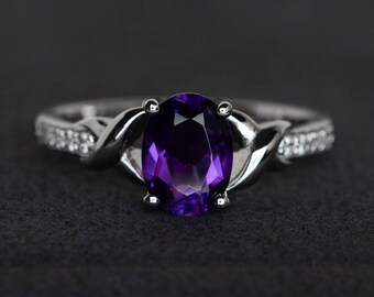 bague améthyste naturelle bague de fiançailles de forme ovale bague violette bague pierre précieuse ovale argent sterling pierre de naissance de février