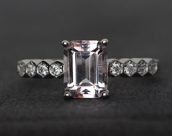 morganite ring engagement ring silver emerald cut pink morganite ring