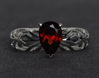 garnet ring pear cut garnet engagement rings promise ring silver January birthstone ring