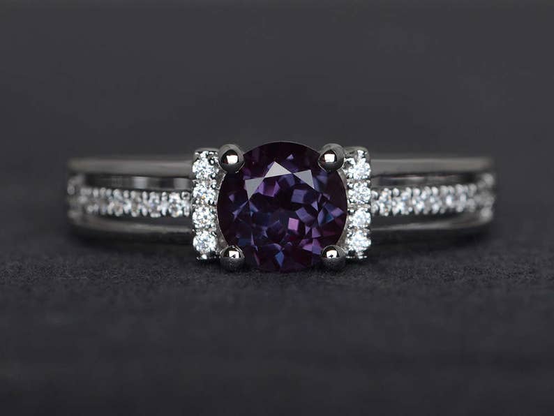 alexandrite ring round cut engagement ring sterling silver ring promise ring gemstone ring June birthstone ring