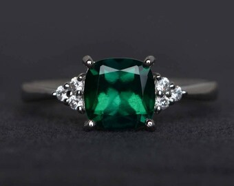Bague de fiançailles émeraude, pierre précieuse verte, bague émeraude taille coussin, cadeau d'anniversaire, bague en argent sterling, pierre de naissance de mai