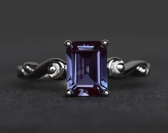 alexandrite ring promise ring June birthstone color changing gems emerald cut gemstone sterling silver ring