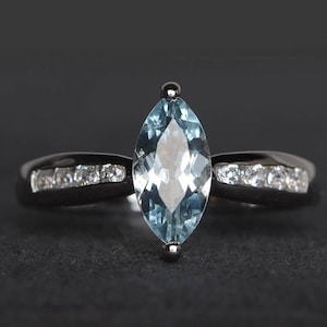 natural aquamarine ring aquamarine anniversary ring March birthstone marquise cut blue gemstone sterling silver ring