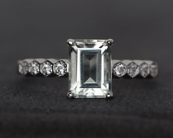 green amethyst ring emerald cut green gemstone ring silver engagement ring natural gemstone ring