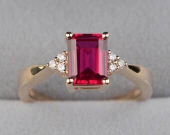 Vintage ruby engagement ring yellow gold plated solid silver emerlad cut July birthstone ring
