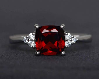 garnet engagement ring red gemstone ring cushion cut garnet ring anniversary gift sterling silver ring January birthstone ring