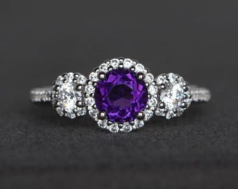 promise ring round cut natural amethyst ring purple gemstone sterling silver ring February birthstone